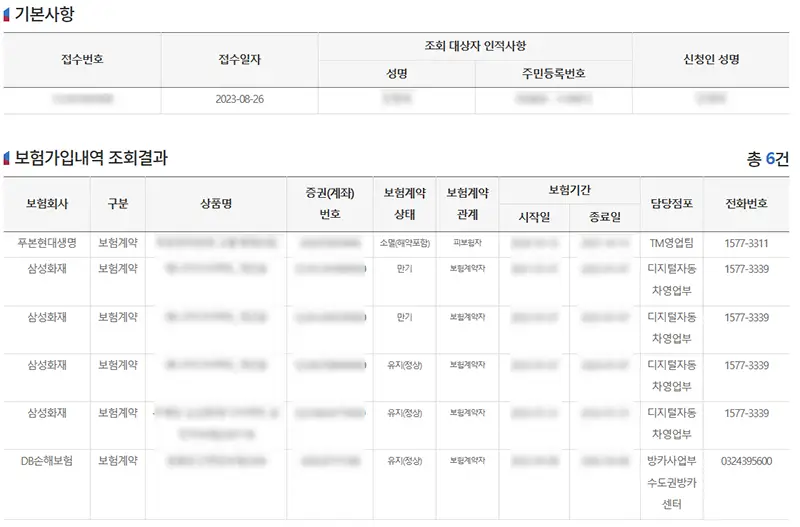 내보험찾아줌-사이트-보험가입내역-조회결과