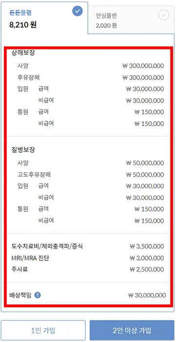 국내여행-마이뱅크-여행자보험-계산결과