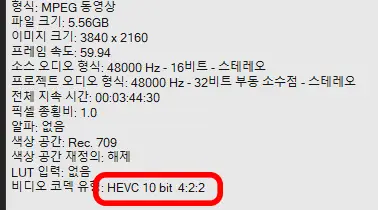 h265로 촬영한 영상파일 속성