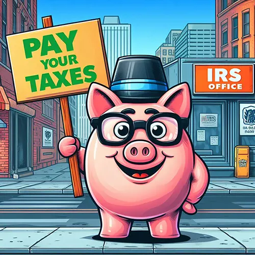 세금을 내라는 팻말을 들고 있는 돼지 캐릭터