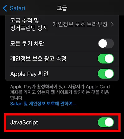 아이폰 사파리 설정에 있는 자바스크립트 설정