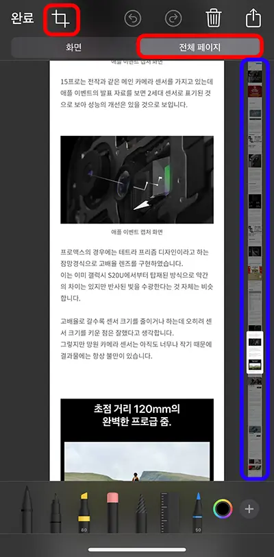 아이폰 캡쳐 화면에서 전체 페이지를 선택한 모습