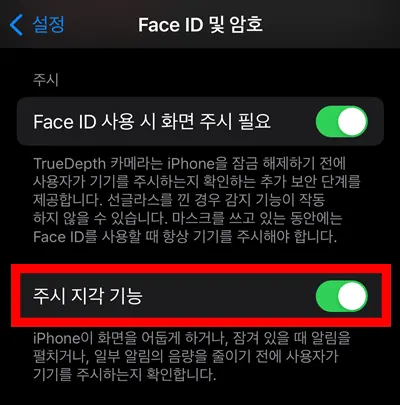 아이폰 페이스 아이디 및 암호 주시 지각 기능 설정