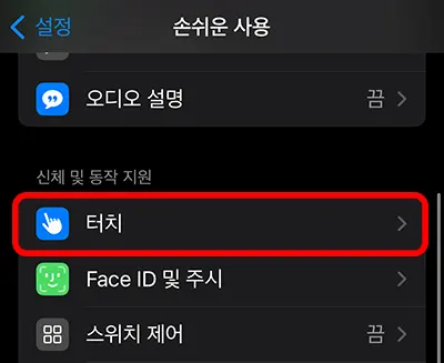 아이폰 손쉬운 사용 메뉴에 있는 터치 메뉴