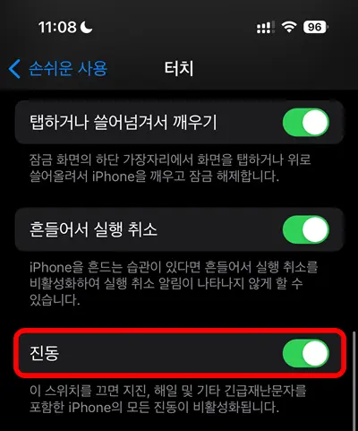 아이폰 설정에 있는 터치 항목에 진동 설정 모습