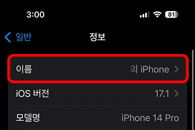 아이폰 설정 일반 정보에 있는 기기 이름 항목