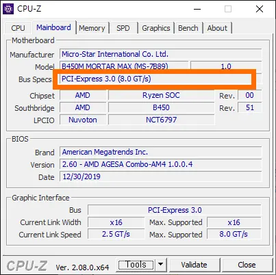 CPU-Z 화면에서 확인할 수 있는 PCI-Express 버전