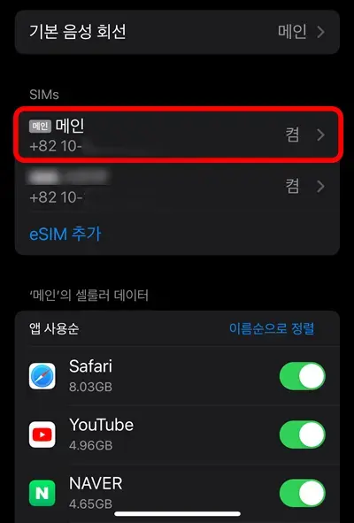 아이폰 셀룰러 설정에 있는 메인 회선에 빨간 네모 친 모습