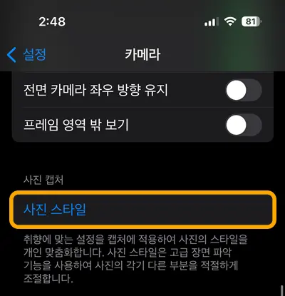 아이폰 카메라 설정의 사진 스타일 메뉴